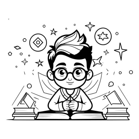 Vector illustration of a boy with glasses and a book. Black and