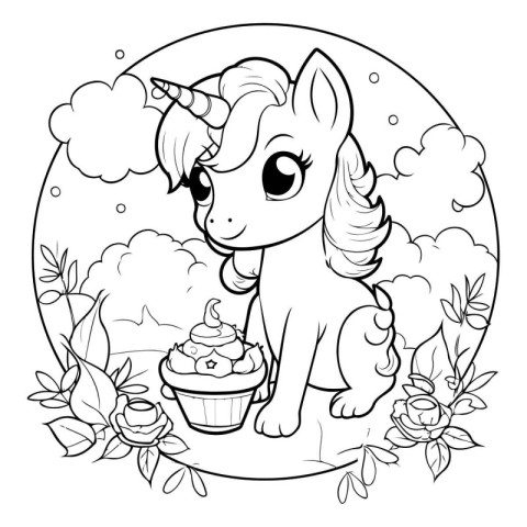 Unicorn with cupcake. Coloring book for adults.