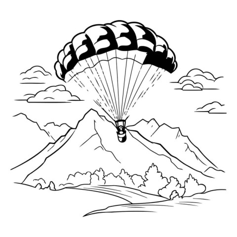 Parachutist flying in the sky. black and white vector illustrati