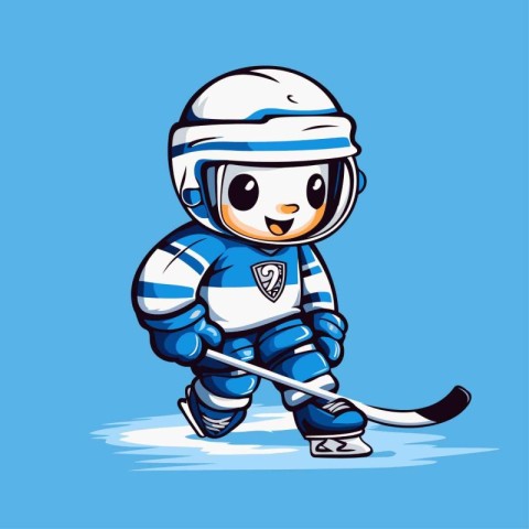 Cute cartoon hockey player in blue uniform and helmet. Vector il