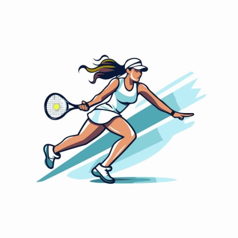 Tennis player woman with racket and ball. Cartoon vector illustr