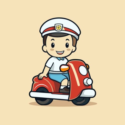 Cute cartoon sailor riding scooter. Vector illustration on light