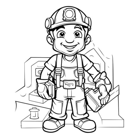 Black and White Cartoon Illustration of a Little Boy Constructio