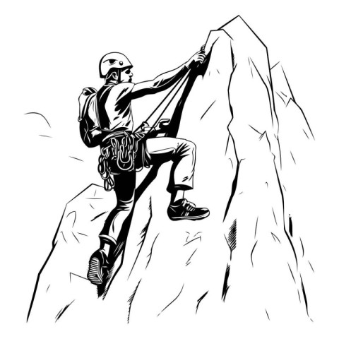 Rock climber climbing on a cliff. Black and white vector illustr