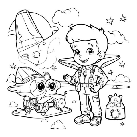 Coloring Page Outline Of a Kid Boy Traveling with a Spaceship