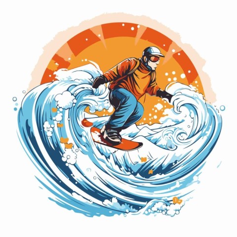 Snowboarder jumping on the wave. Vector illustration in retro st