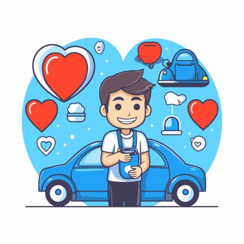 Vector illustration of a boy with a smartphone and a car. in the