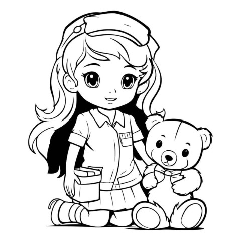 Cute girl with teddy bear. Vector illustration for coloring book