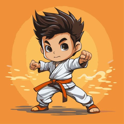 Cartoon karate boy. Vector illustration isolated on orange backg