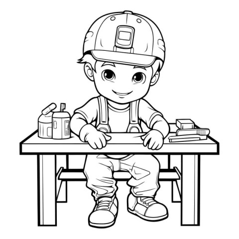 Black and White Cartoon Illustration of Cute Little Boy Construc