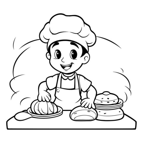 Black and White Cartoon Illustration of a Little Boy Chef with S