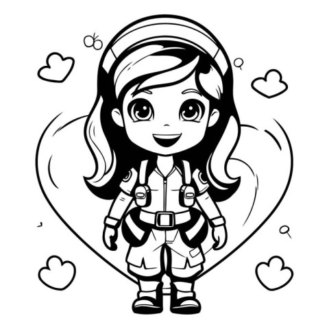 Cute cartoon astronaut girl. Vector illustration. Monochrome.