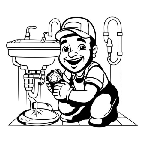 Plumber in the bathroom. Black and white vector illustration for