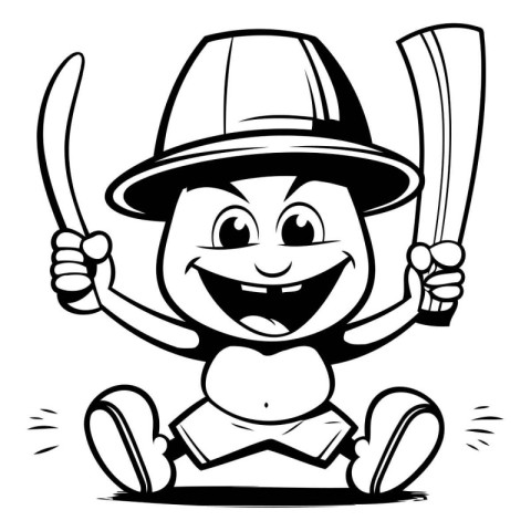 Black and White Cartoon Illustration of Kid Boy Baseball Player