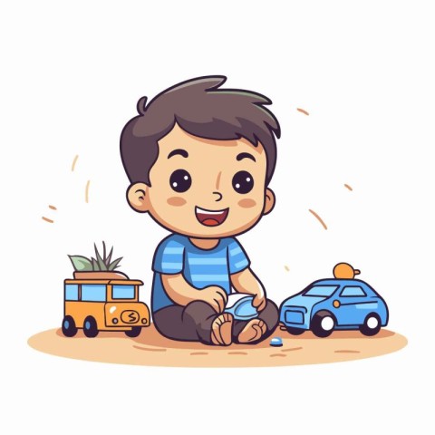 Illustration of a Little Boy Playing with a Toy Car on the Beach