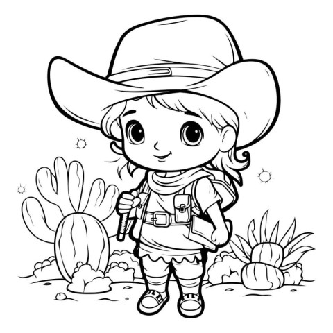 Coloring Page Outline Of a Cute Little Cowboy Girl Cartoon Chara