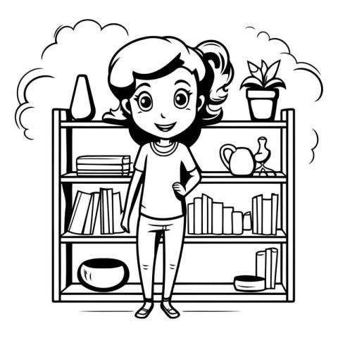 Cute little girl standing in bookshelf. Black and white vector i