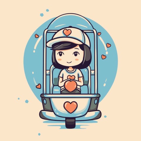 Cute little girl driving a car with heart. Vector illustration.