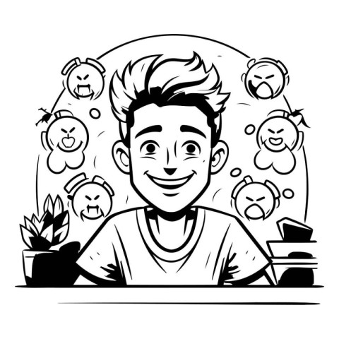 Black and White Cartoon Illustration of Teenage Boy Smiling and