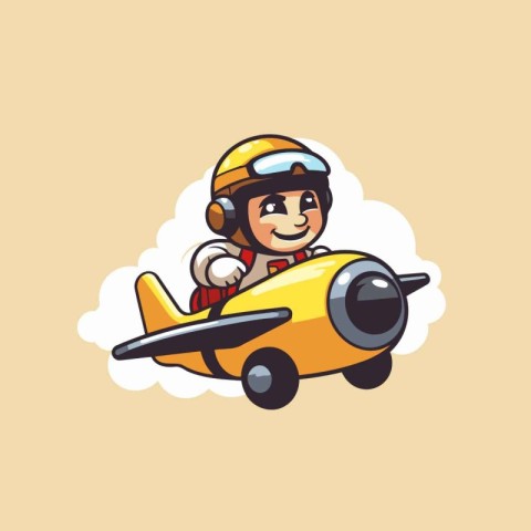 Vector illustration of a boy in a pilot costume riding a plane.