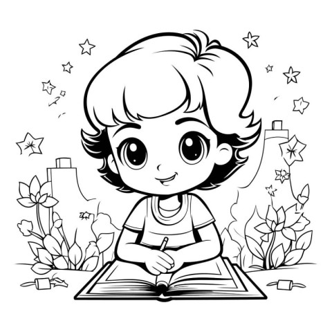 Cute little girl reading a book. Vector illustration for colorin