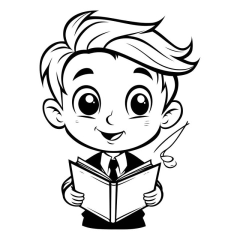 School Boy Reading Book - Black and White Cartoon Illustration.