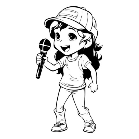 Cute little girl singing karaoke cartoon vector illustration gra