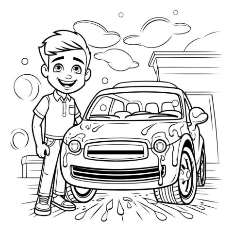 Teenage boy washing his car with soap and water. black and white