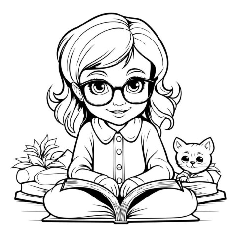 Girl reading book with cat - black and white vector illustration