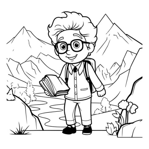 Boy with backpack and books in the mountains. black and white ve