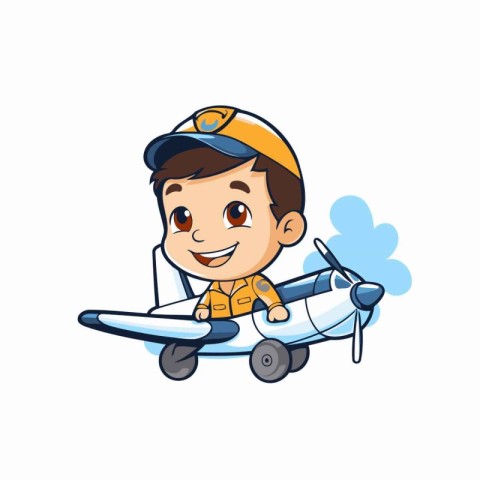 cute boy pilot with airplane over white background. colorful des