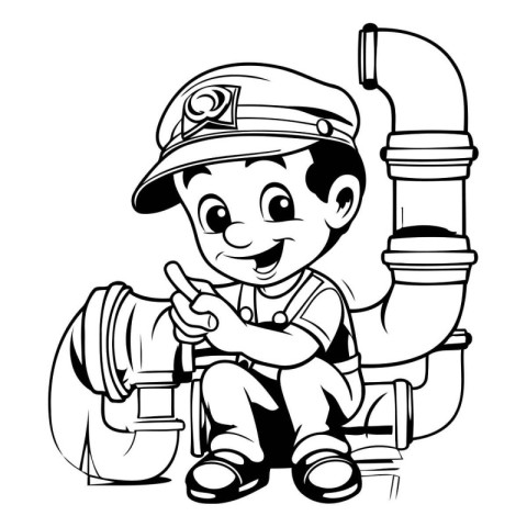 Black and White Cartoon Illustration of a Kid Boy in a Plumber U