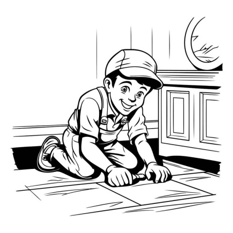 Cartoon Illustration of a Kid Plumber Repairing the Floor