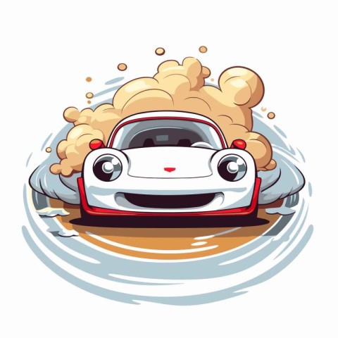 Cartoon car with smoke on a white background. Vector illustratio