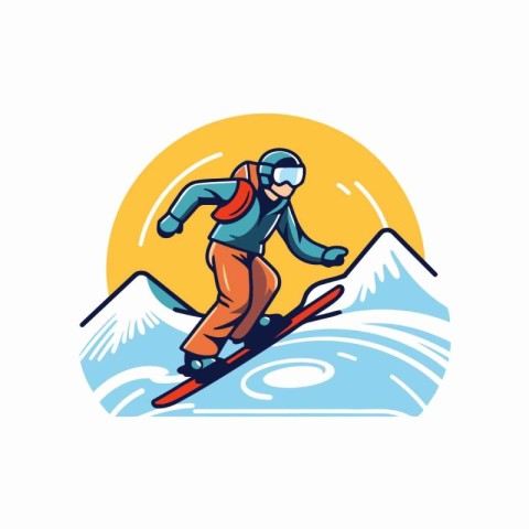 Snowboarder jumping in the mountains. Vector illustration of sno