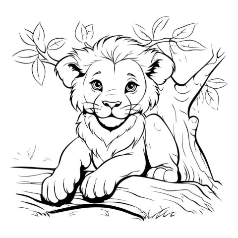 Lion in the jungle. Black and white vector illustration for colo