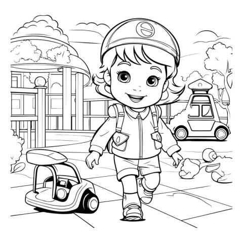 Coloring Page Outline Of a Cute Little Boy Carrying a Car