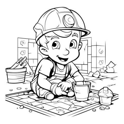 Black and White Cartoon Illustration of Cute Little Boy Construc