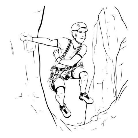 Vector hand drawn illustration of a young man climbing a rock wa