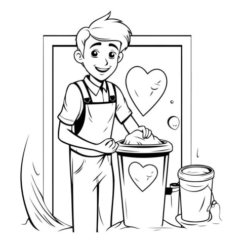 Cleaning service man cartoon black and white vector illustration