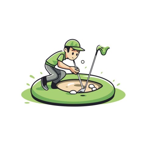 Illustration of a man playing golf on a golf course. Vector illu