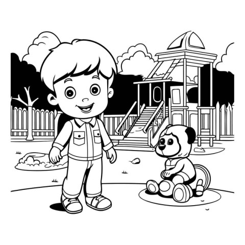 cute little boy playing with dog in the park vector illustration