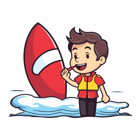 Surfer boy with surfboard. Cartoon character. Vector illustratio