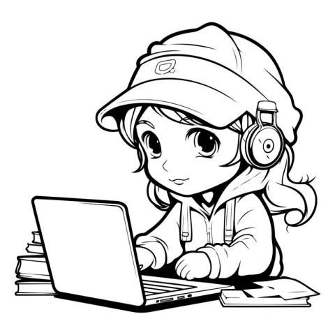 Black and White Cartoon Illustration of Kid Girl with Laptop for