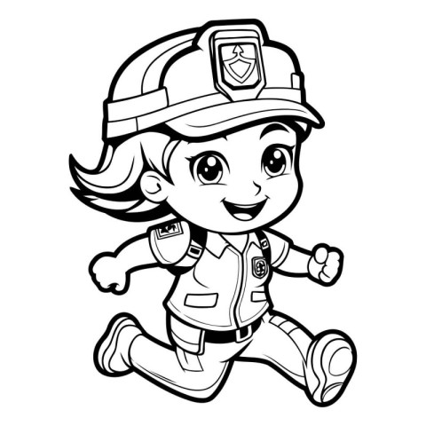 Black and White Cartoon Illustration of Little Firefighter Girl