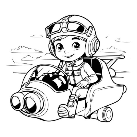 Black and White Cartoon Illustration of Cute Little Boy Pilot Ch