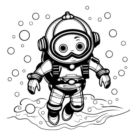 Astronaut in the sea. Black and white vector illustration.