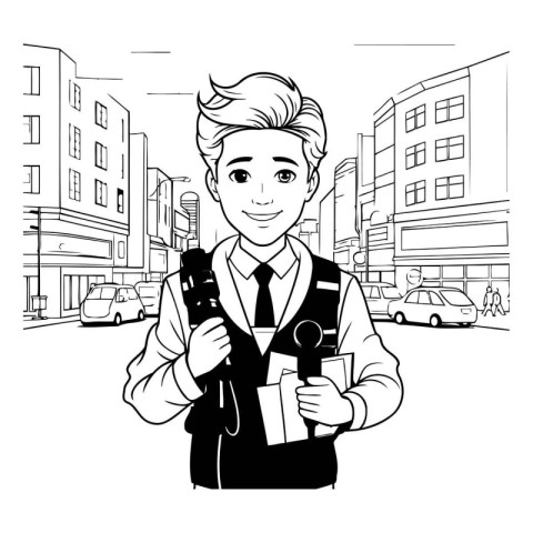 Cartoon man holding a camera on the city street. Vector illustra