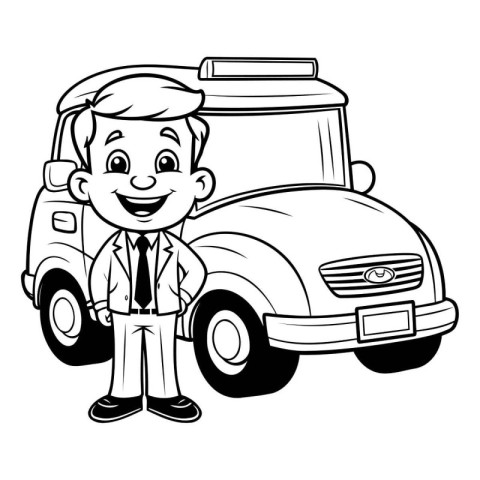 Businessman with truck. Black and white vector illustration for