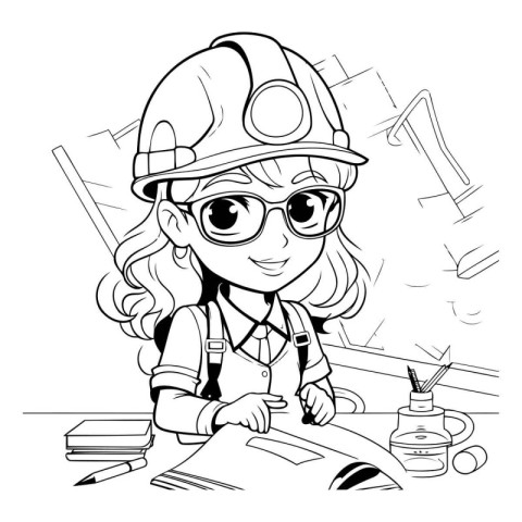 Black and White Cartoon Illustration of Little Girl Construction